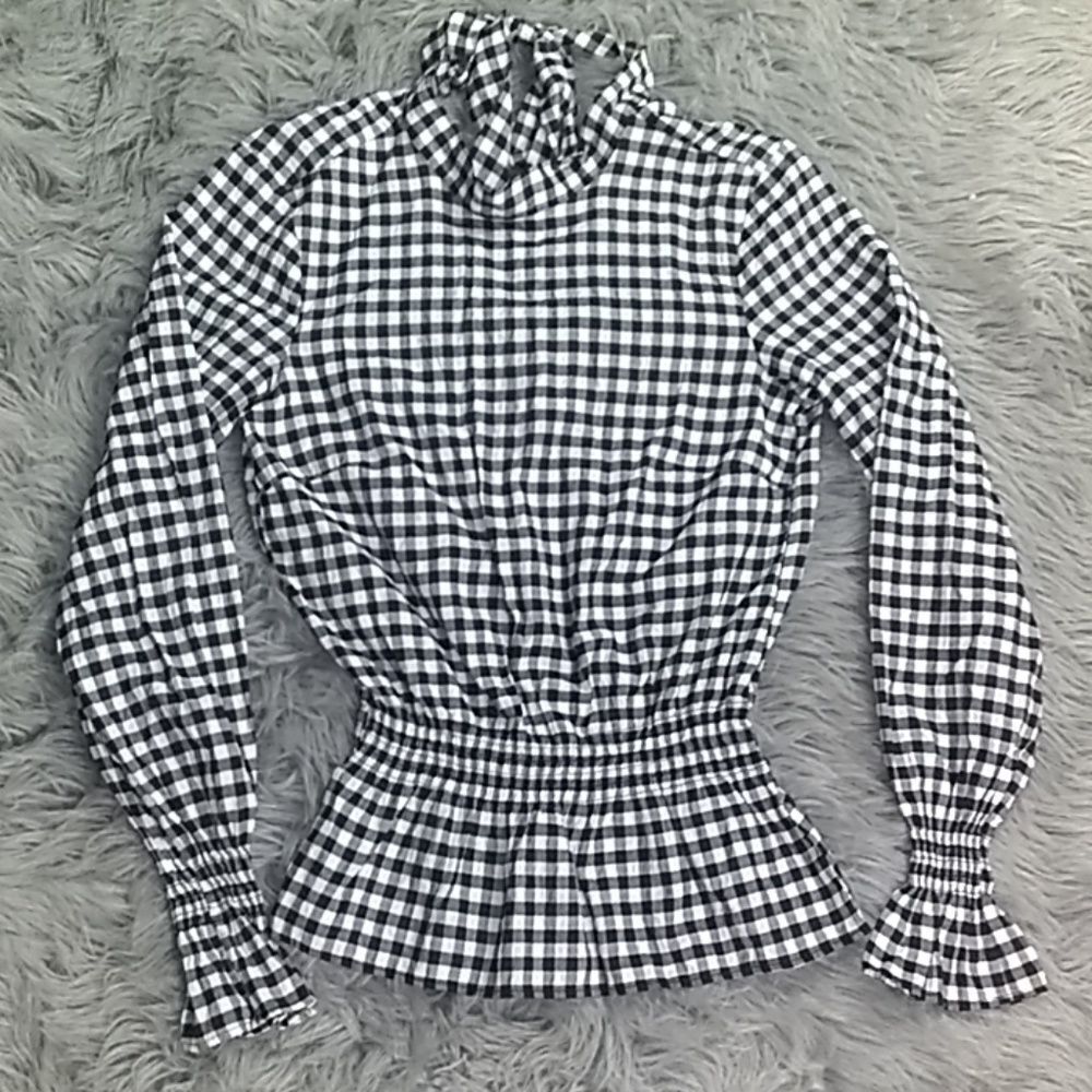 H & M check flared hem elastic waist tie neck top